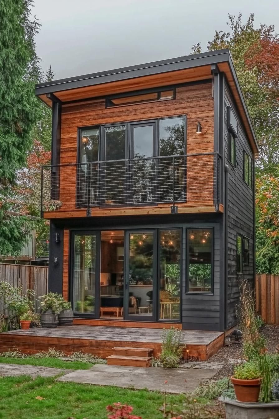 Cozy two-story shed with large windows surrounded by lush greenery