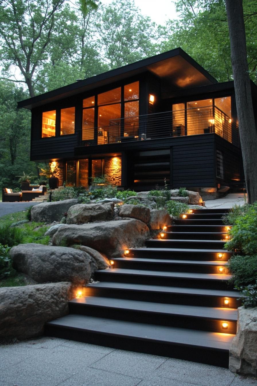 modern split level home with stairs to porch LED lit steps boulders on slope black house siding modern black roof large modern windows balcony 1