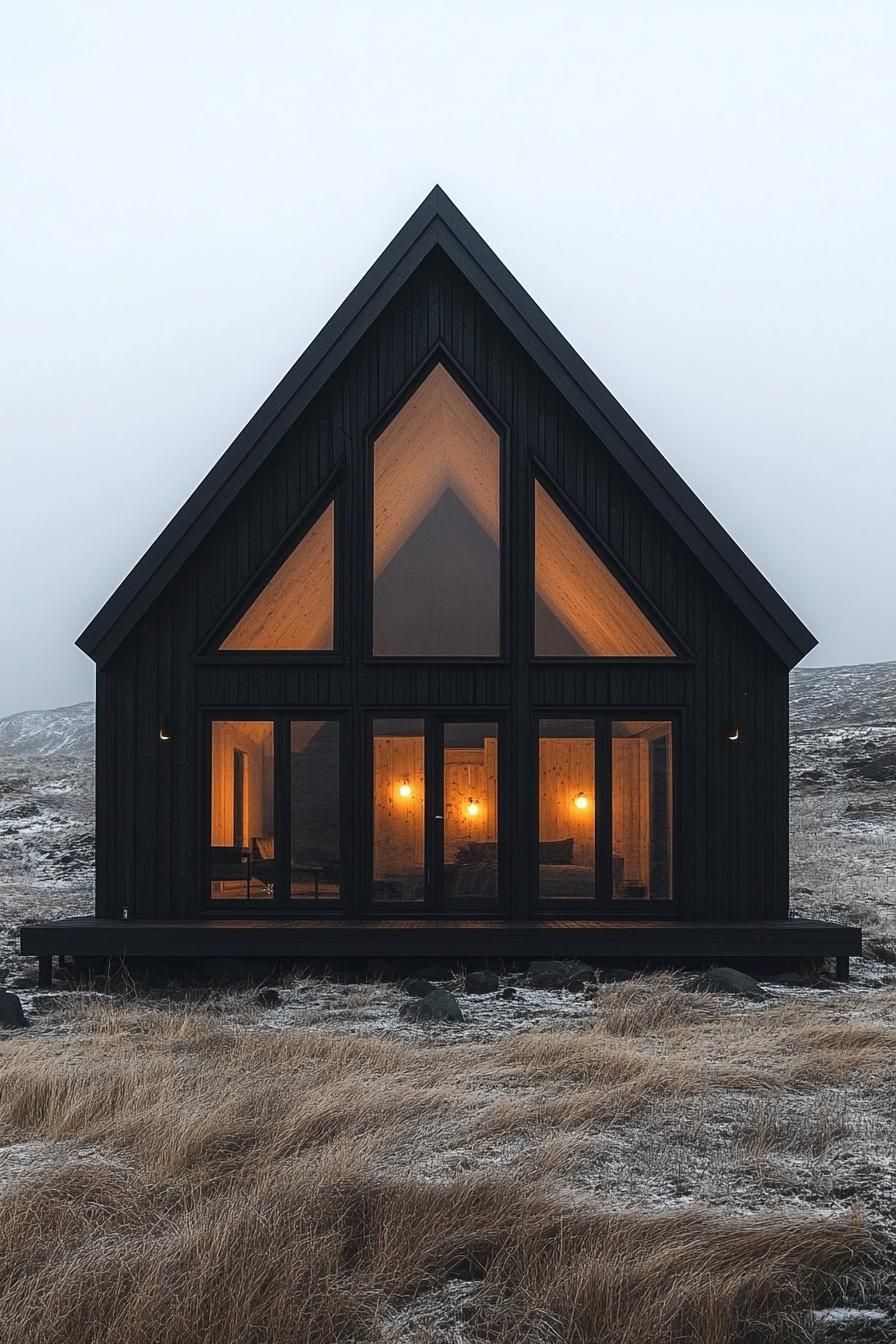 Cozy cabin with warm lighting in a snowy field