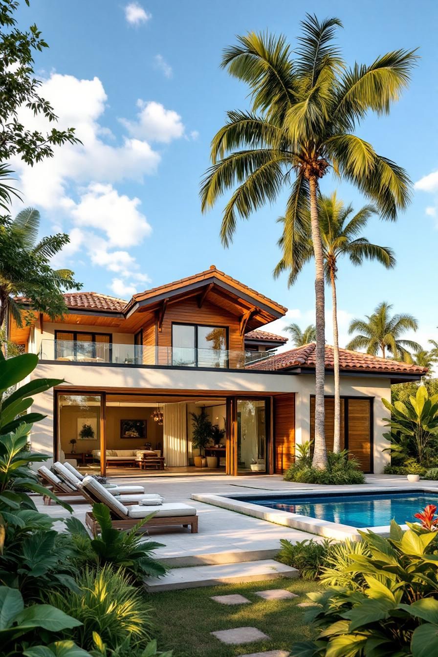 Modern tropical house with pool and palm trees