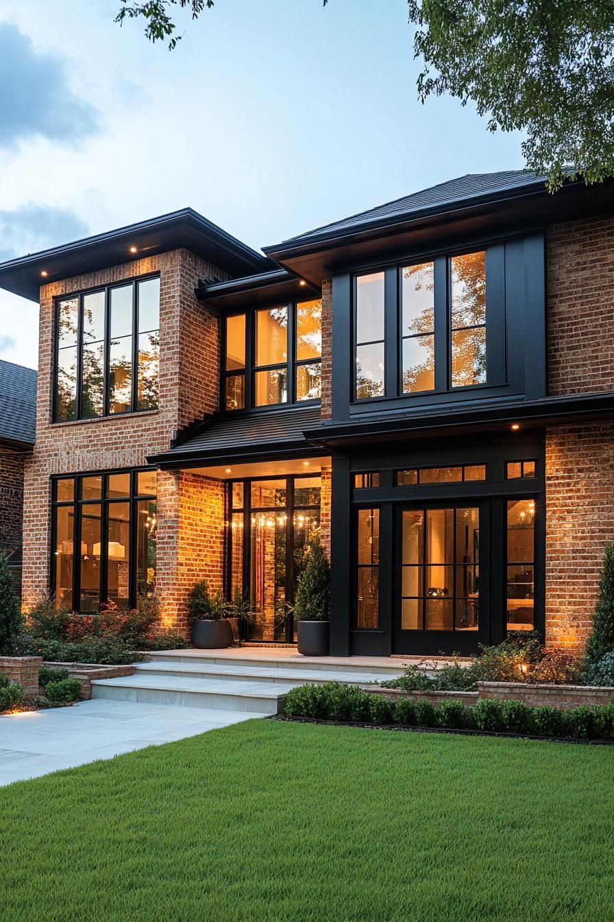 Modern two-story brick house with large windows