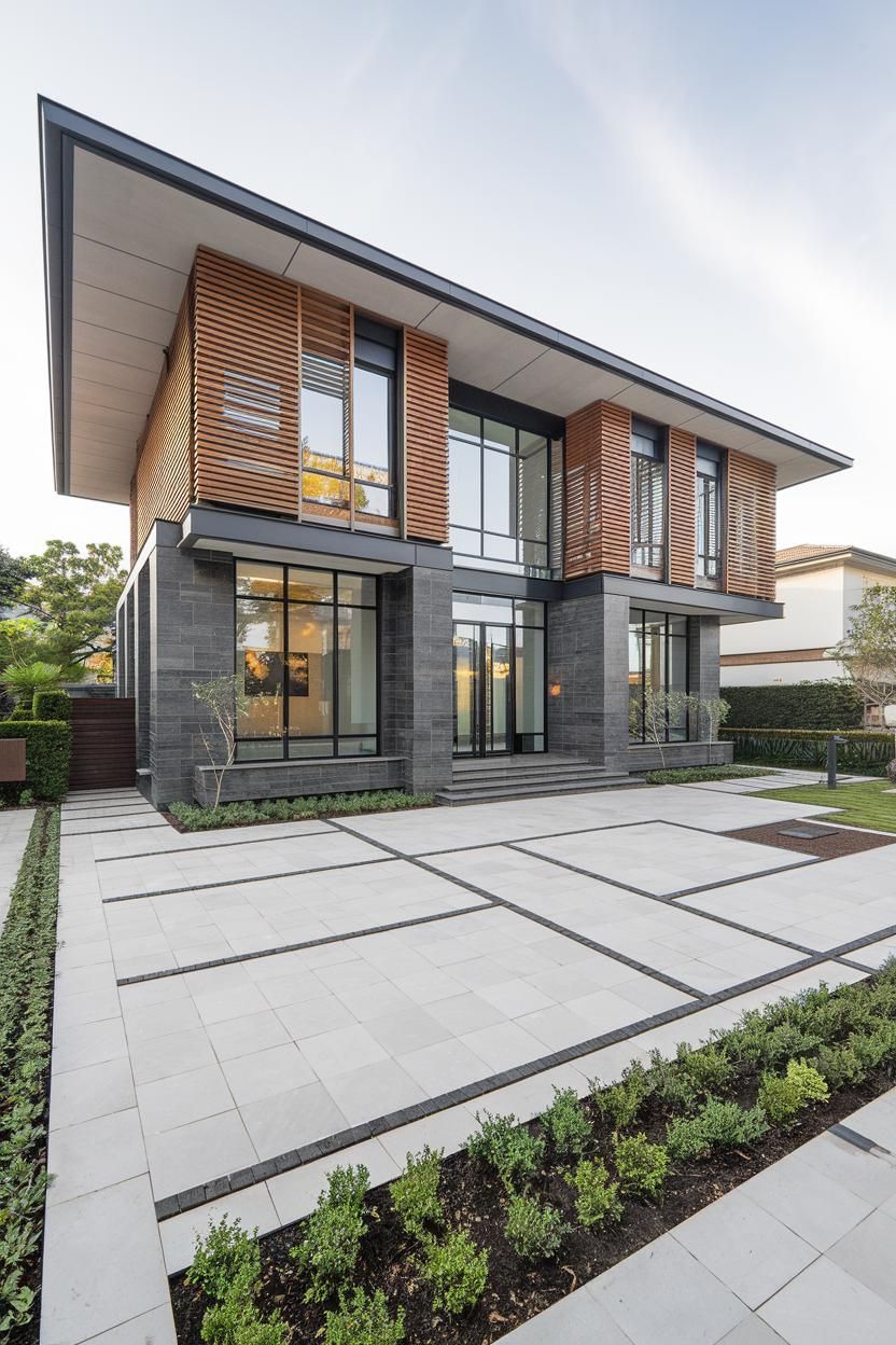 Modern house with wooden slats and expansive windows