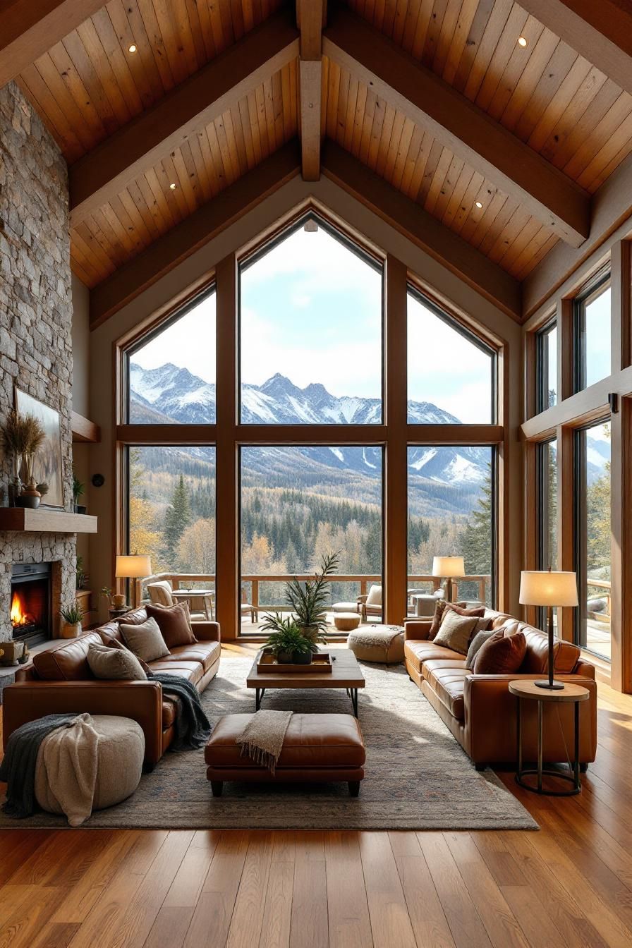 Stunning mountain cabin interior with large windows and warm wood design