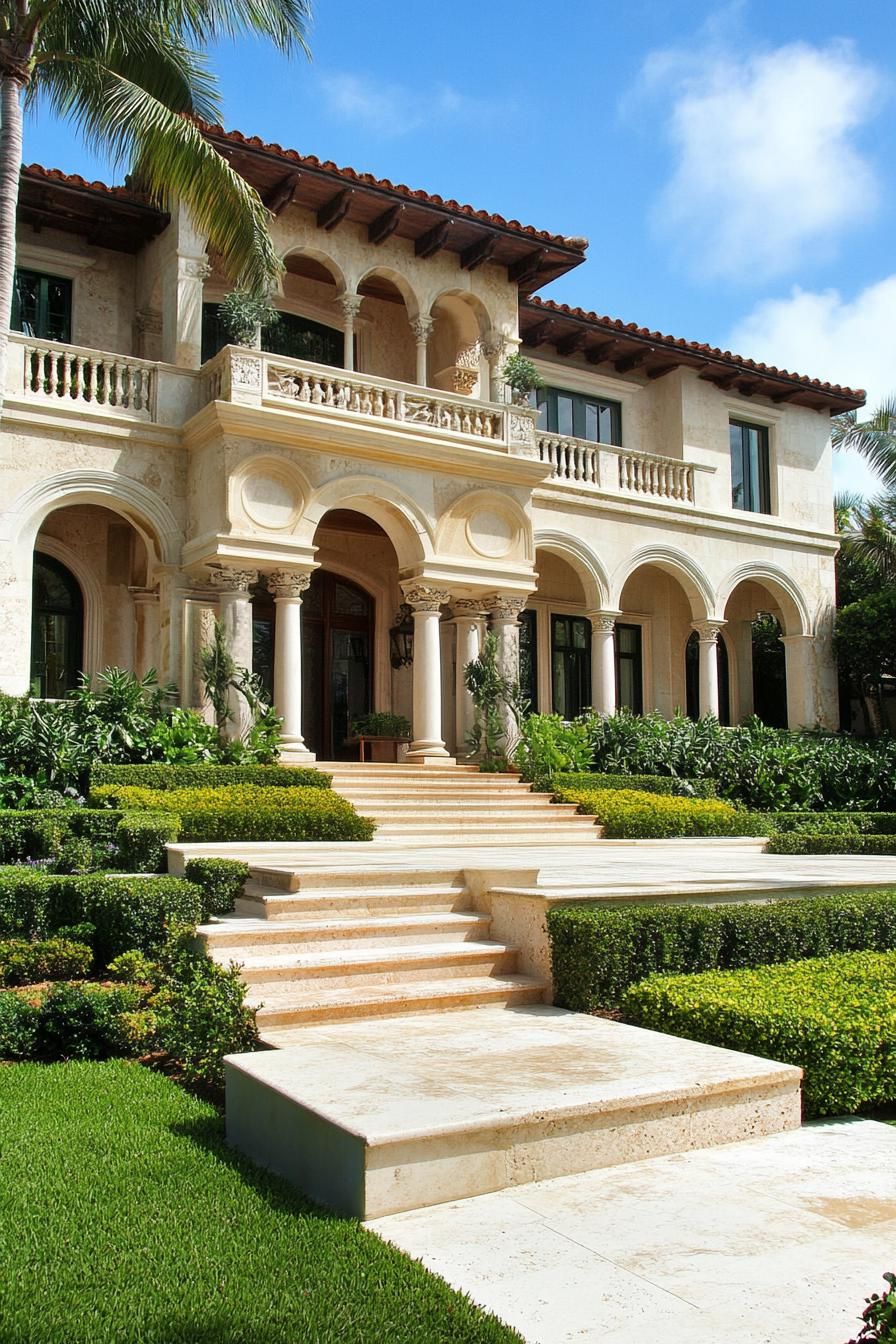 mediterranean linestone mansion with arches and columns front yard with steps and shrubs v 6.1