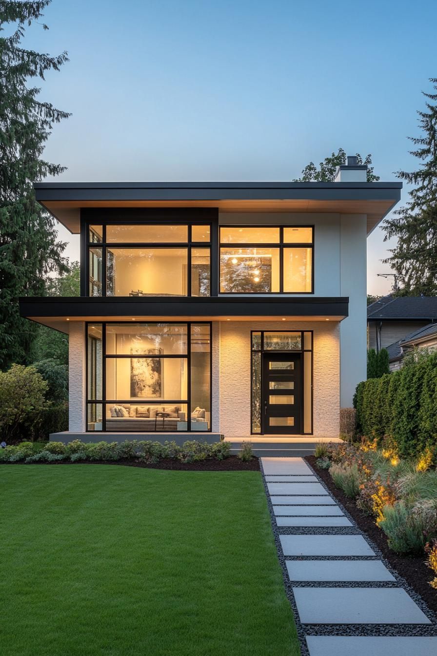 Modern two-story house with large windows and lush lawn