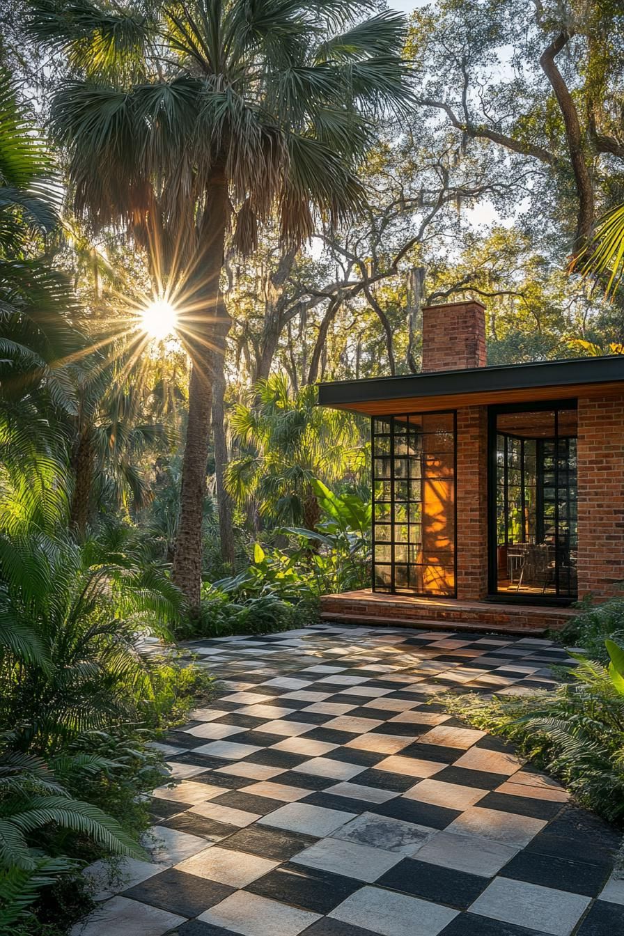 Sunlit brick house with checkerboard patio amidst lush greenery