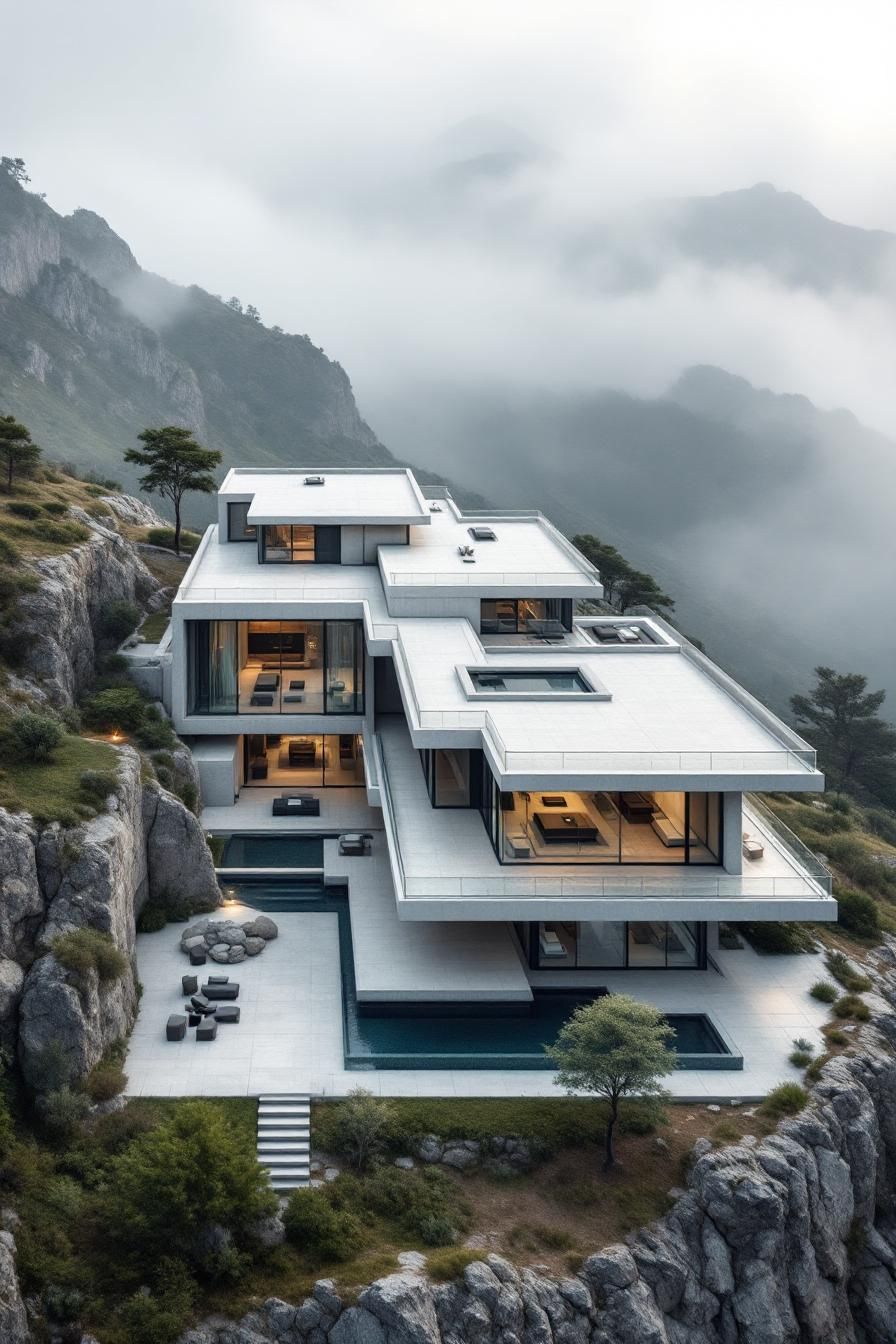 Contemporary mansion perched on a foggy mountainside