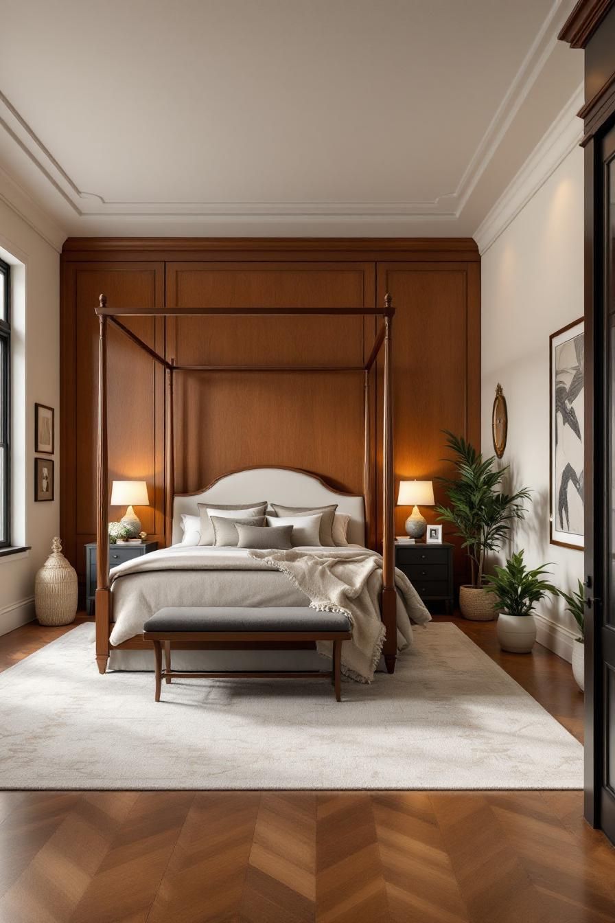 Elegant colonial bedroom with a canopy bed and wooden accents