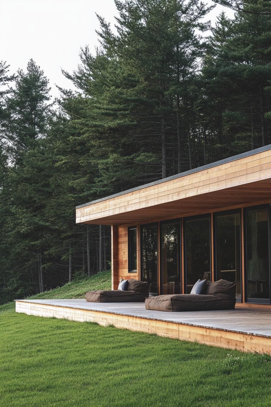 earth sheltered house built into a green hillside bank with large wooden deck large modern windows reclaimed wood siding tall pine trees in the 1