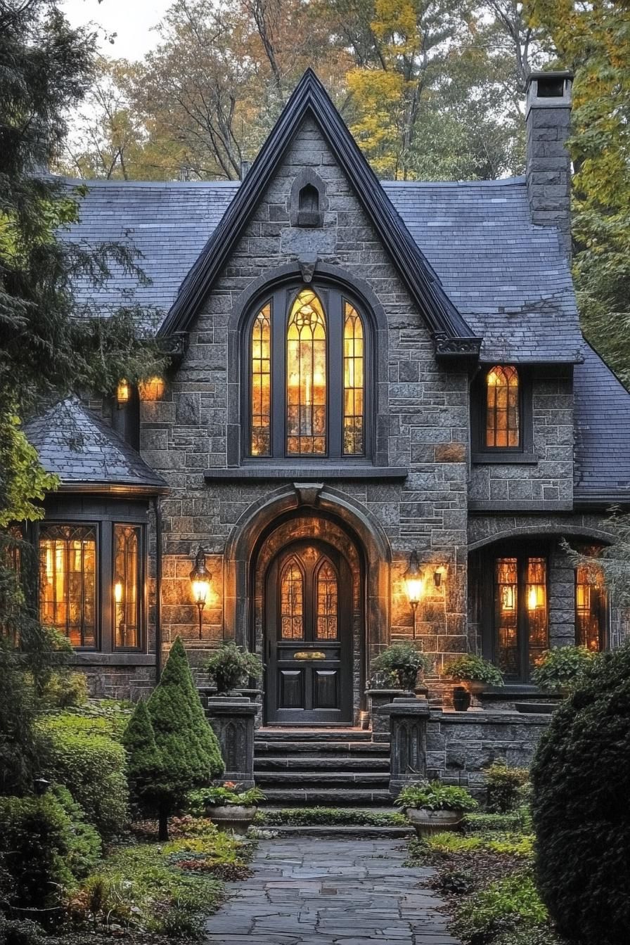 Gothic stone house glowing with warm lights