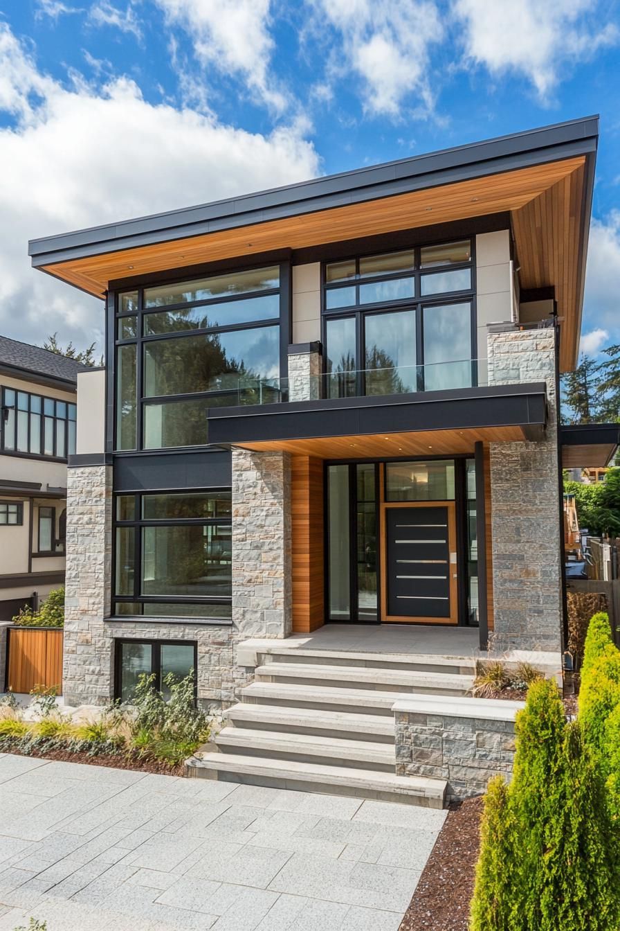 Modern house with stone facade and large glass windows