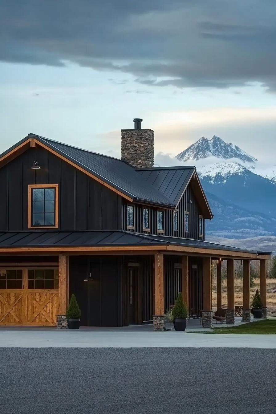 black shouse barndominium with cedar doors and exposed beams large porch chimney majestic mountains in the background 1