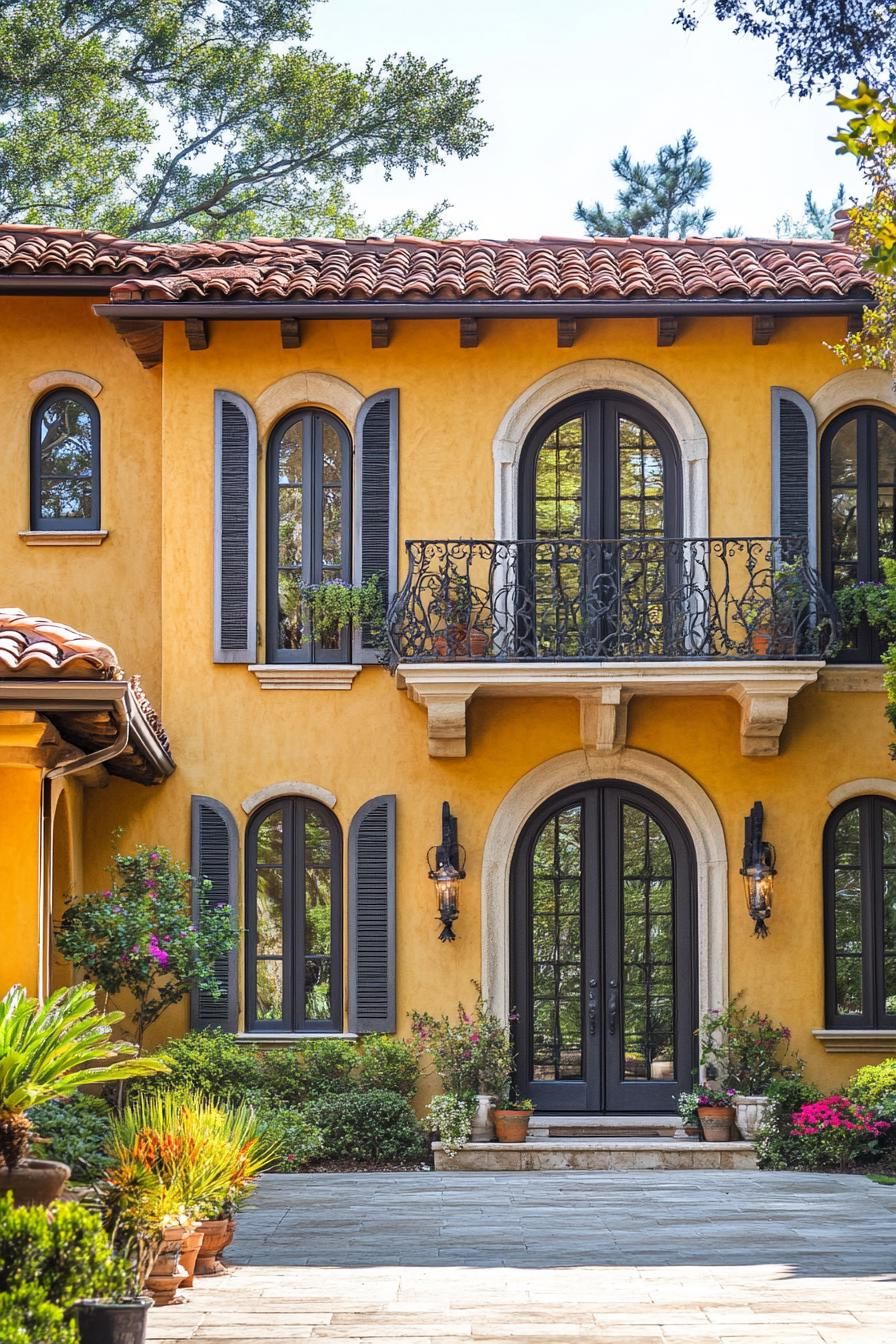 italian villa in yellow stucco siding and barrel tile roof three stories iron balcony windows with grey shutters front patio with potted plants 3