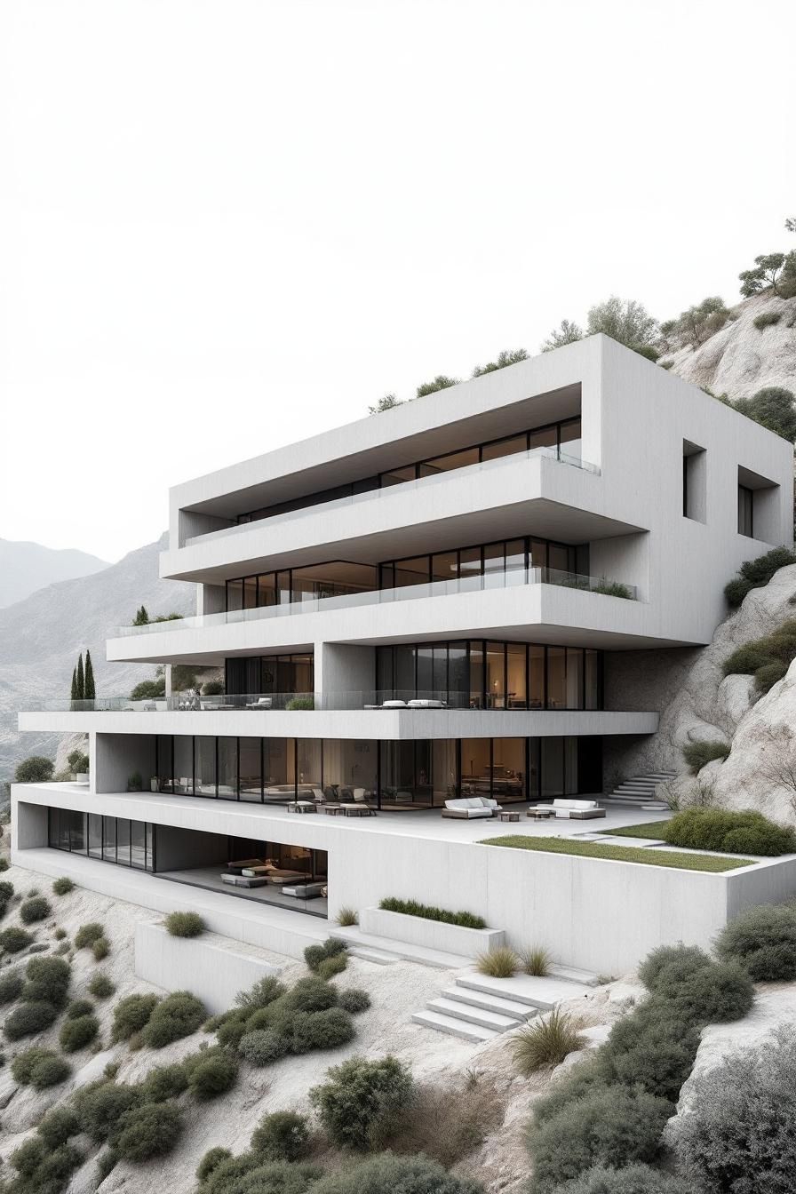 Modern concrete mansion nestled against a rocky hillside