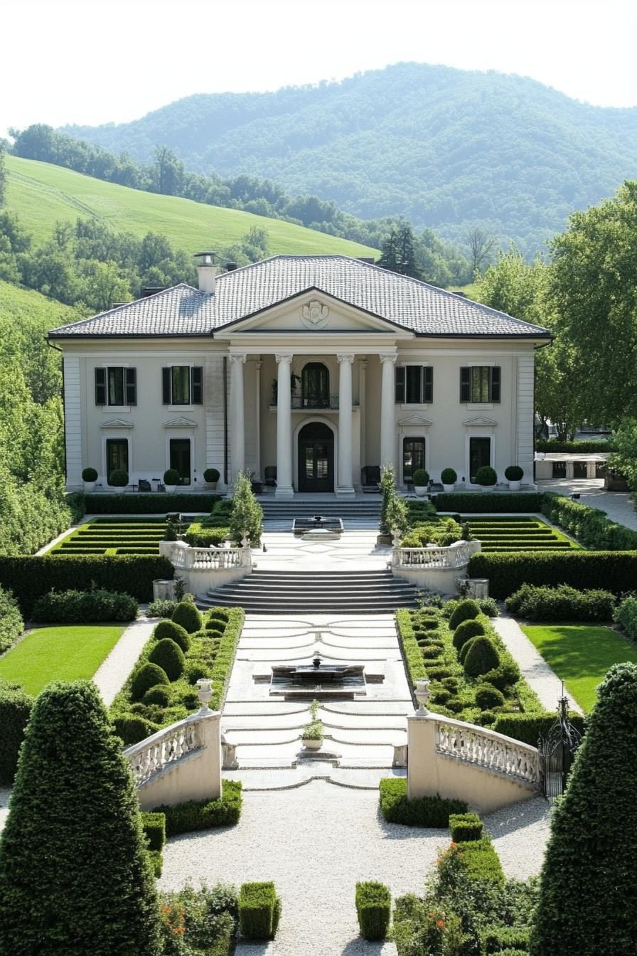 high angle view of Georgien style manor with grey roof facade with columns large front garden with geometric shrubs and paven paths with steps 2