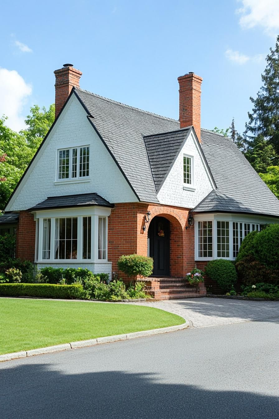 modern european cottage house with white brick siding red brick accents stone grey shingle roof with multi pitched gables brick chimney white trim 2