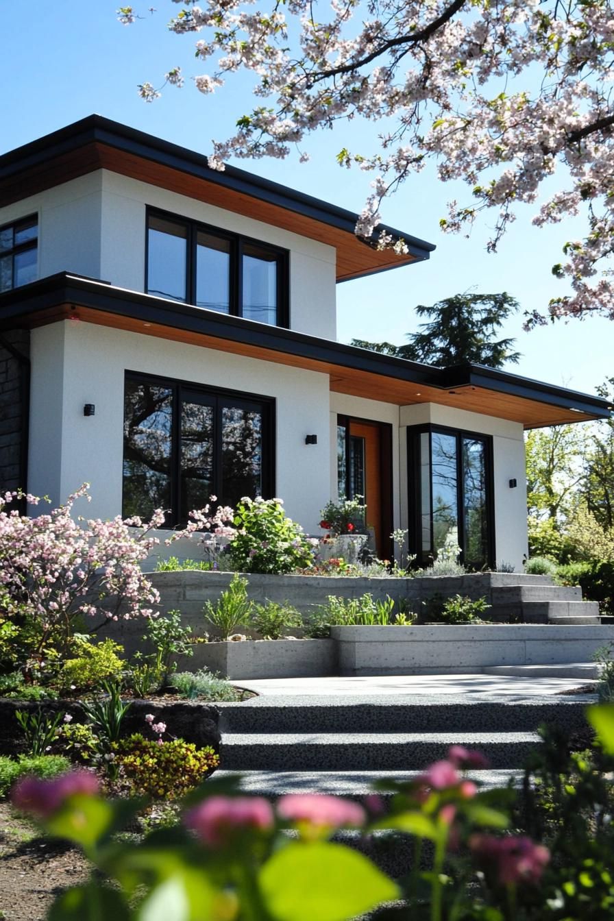 modern cottage house with white stucco siding black modern windows front yard garden with blossoming flowers 2