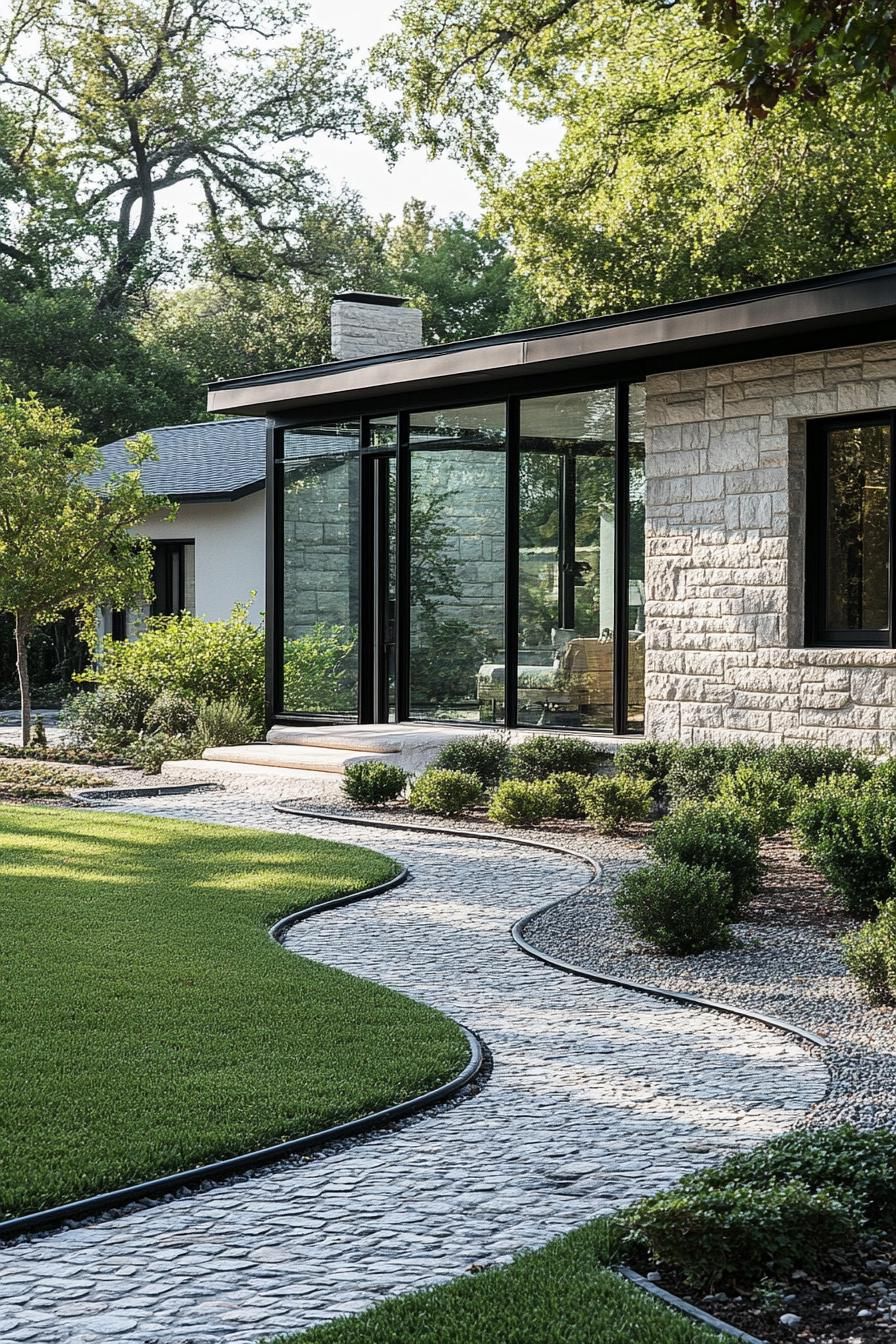 Modern stone house with extensive glass walls and a winding pathway