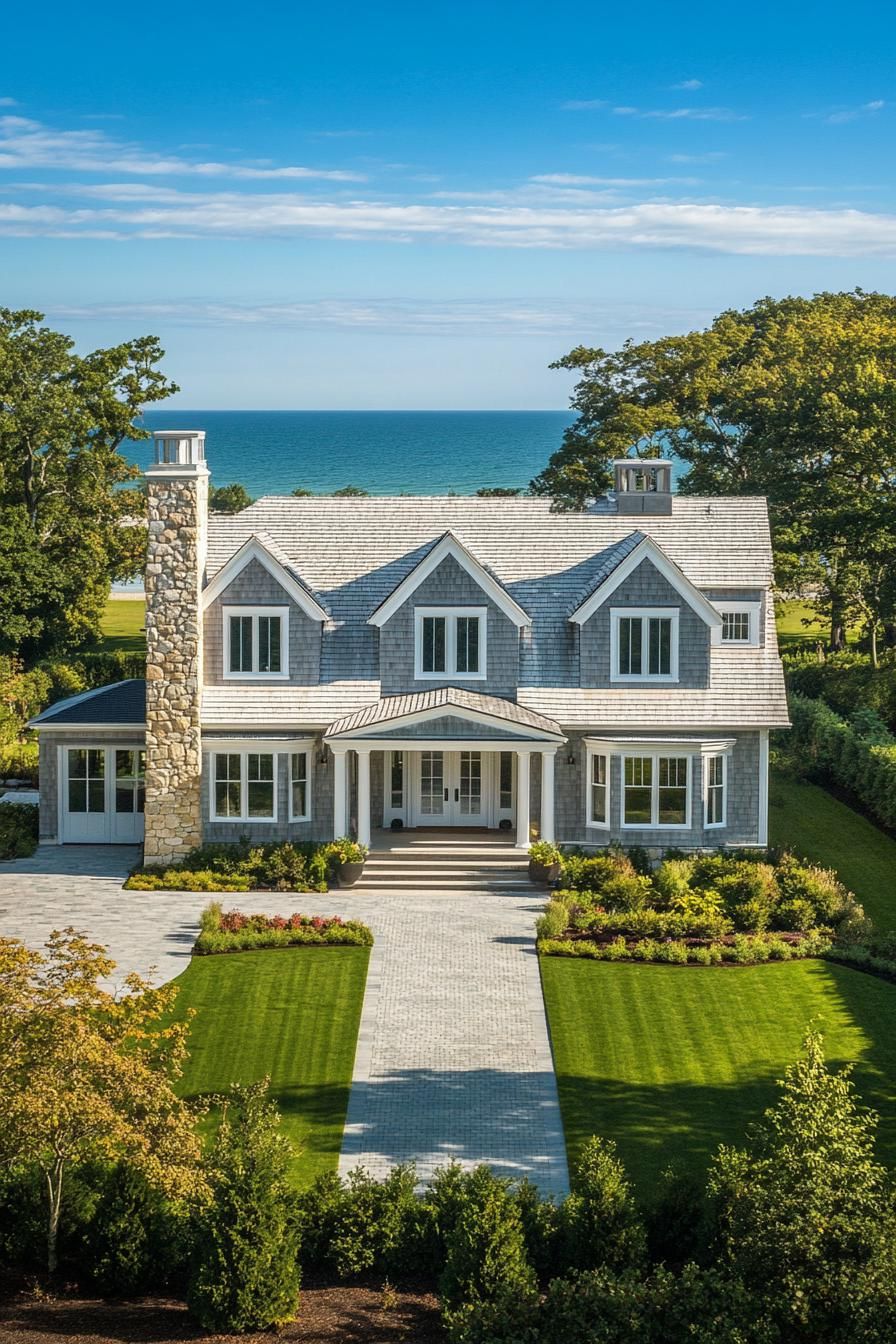 Elegant coastal house with stone chimney and ocean view