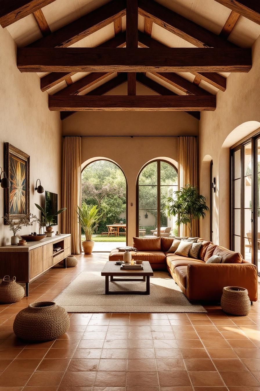 Elegant living room with arched windows and wooden beams