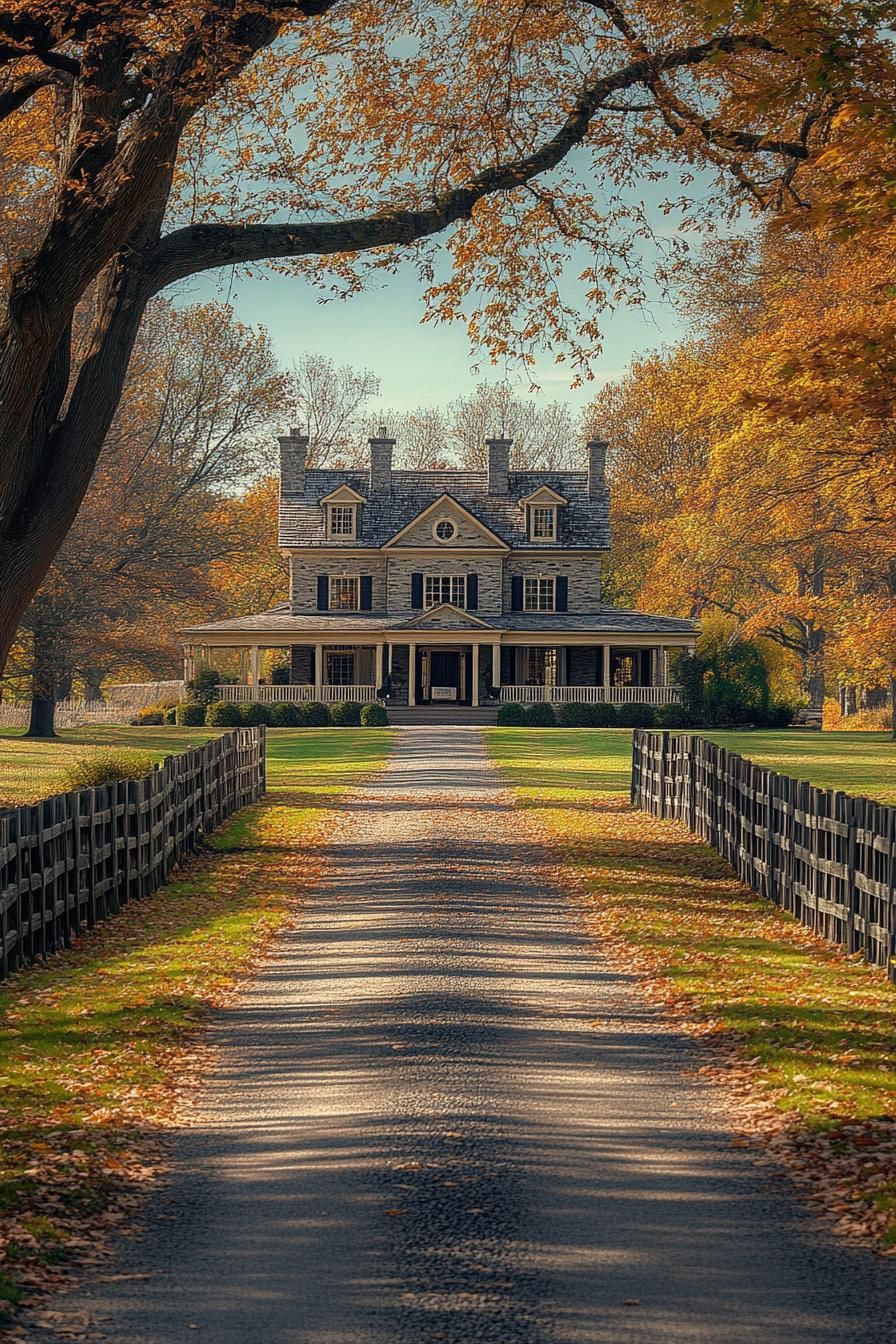 Charming stone manor surrounded by autumn foliage