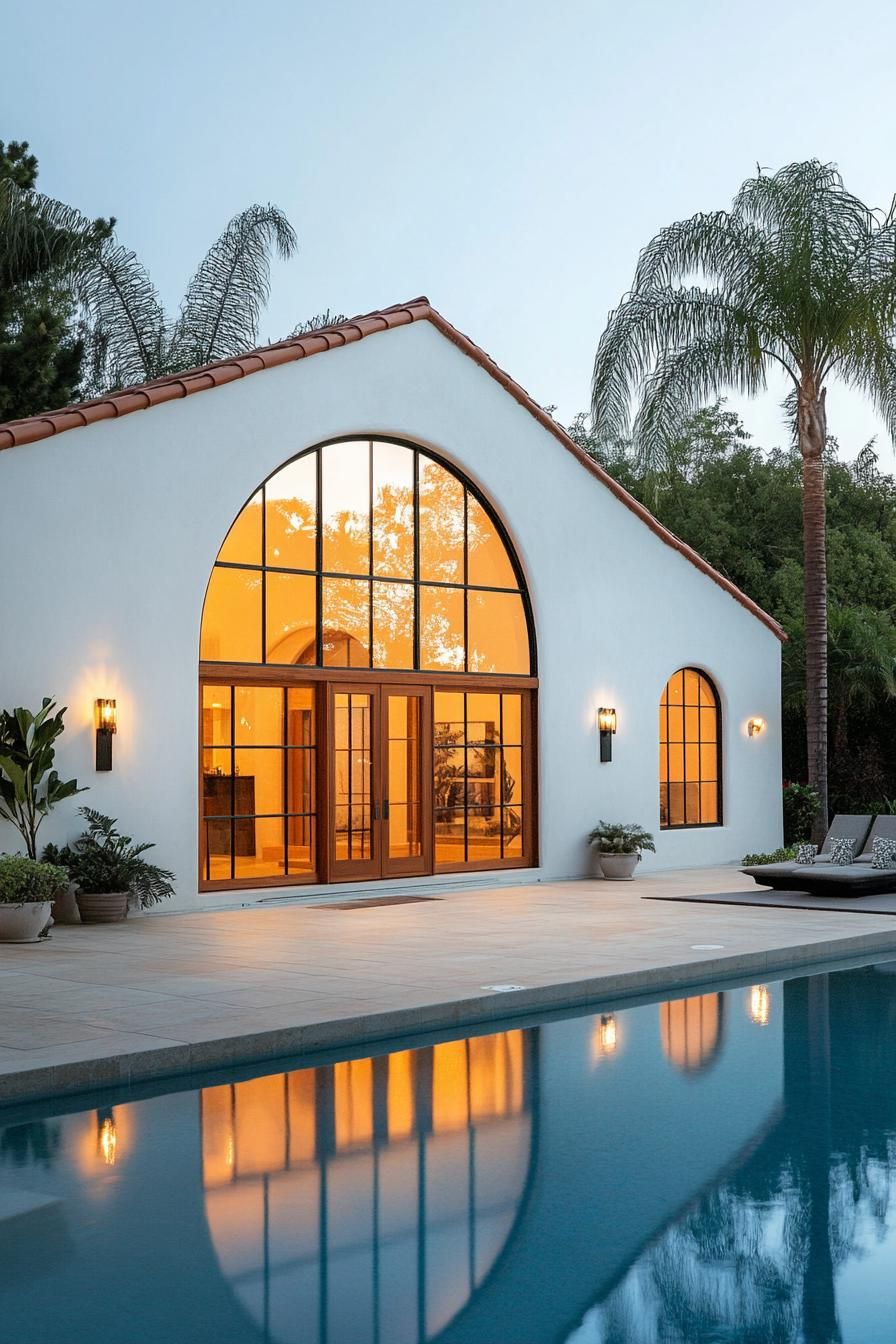 Spanish bungalow by the pool at sunset