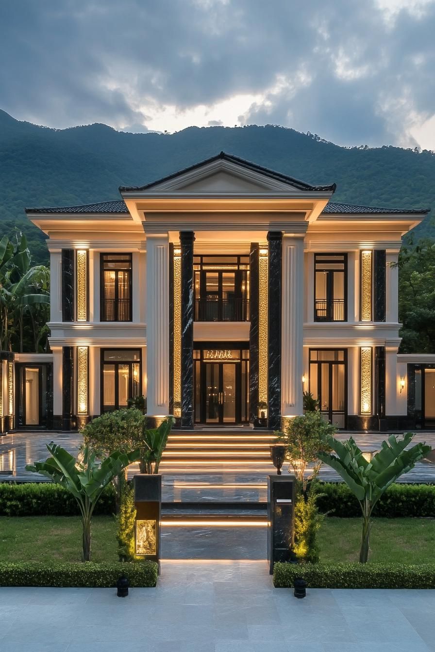 Luxury house with grand pillars and vibrant lights