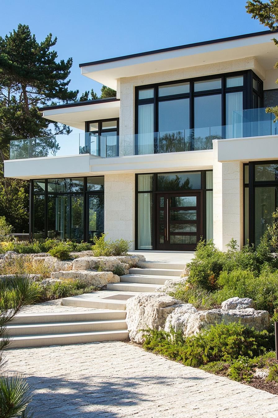 Modern Mediterranean house with light stone and glass accents