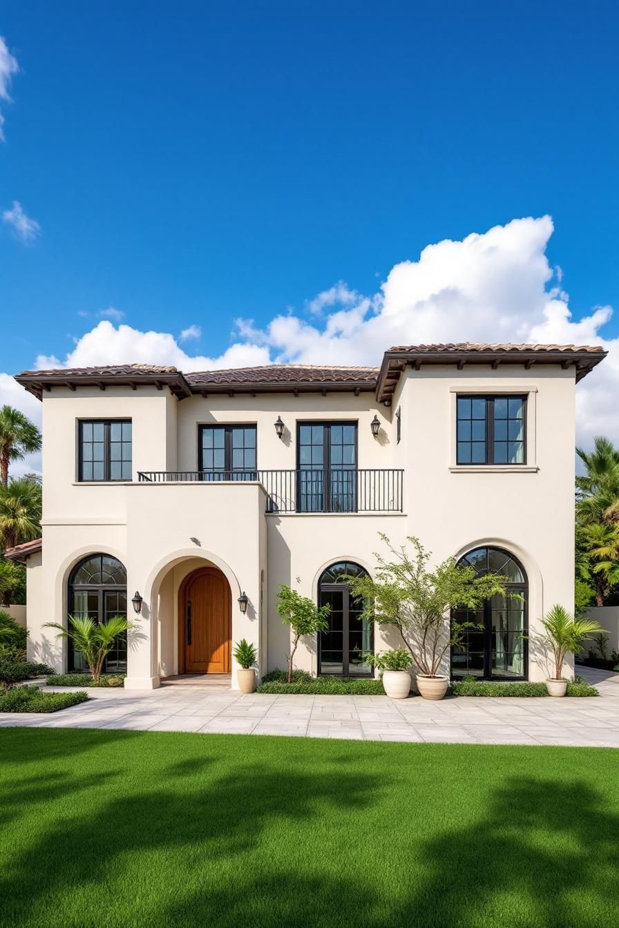 Mediterranean villa with arched windows and lush green lawn