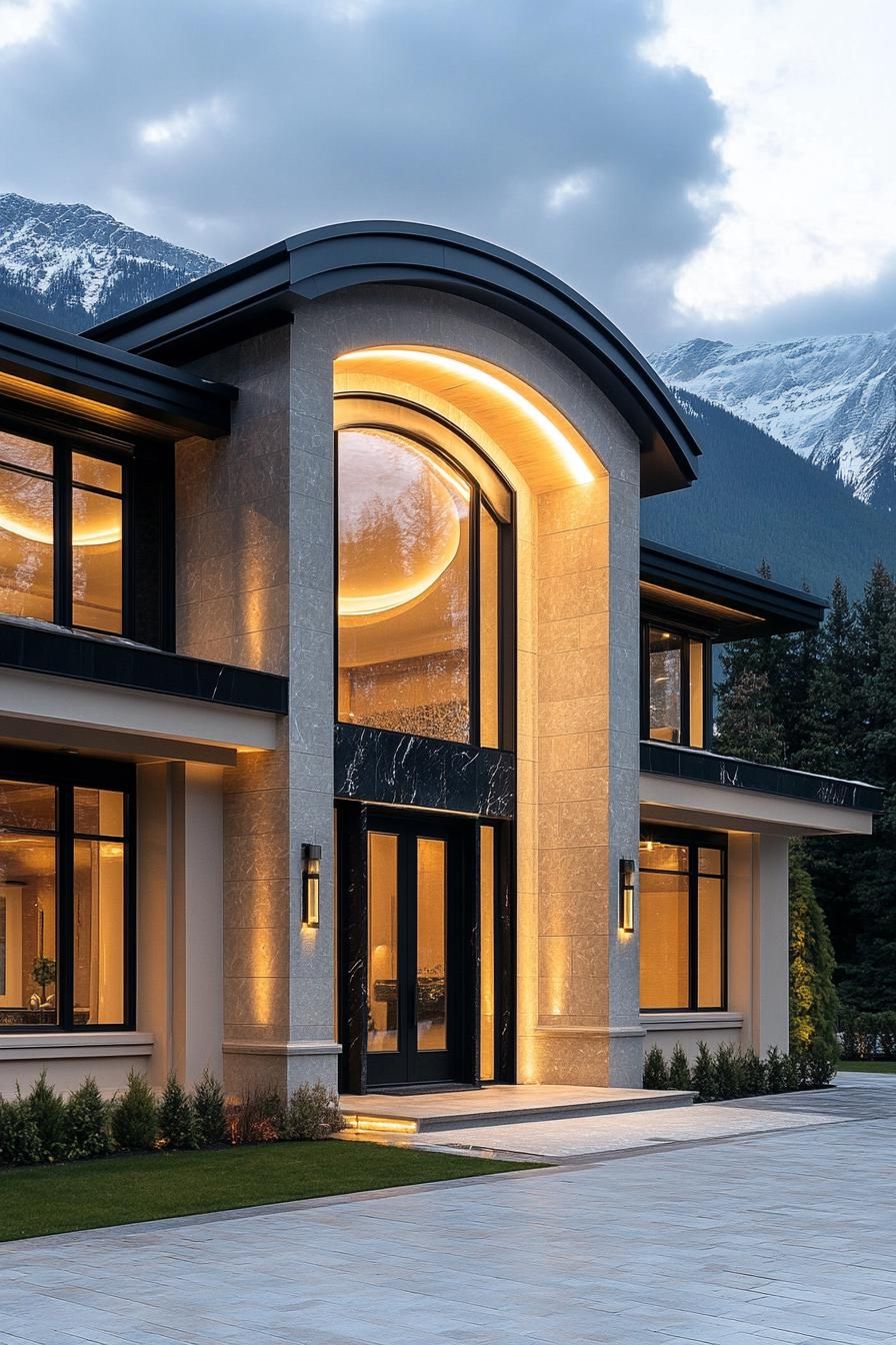 Modern house with large windows and warm lighting against a mountain backdrop