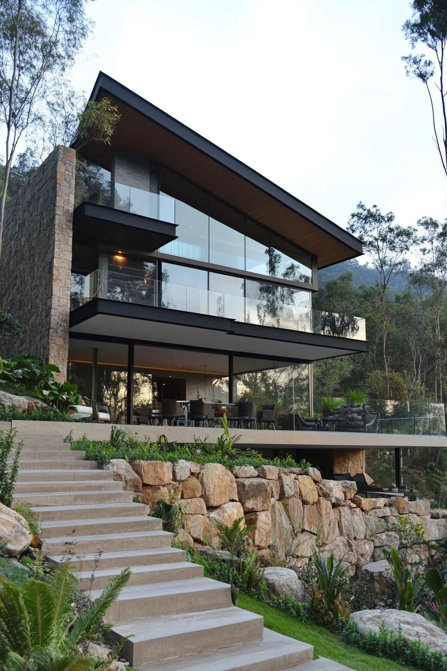 modern house with cascading terraces built from bottom up a steep hillside slope large glass windows rocky steep slope in a forest