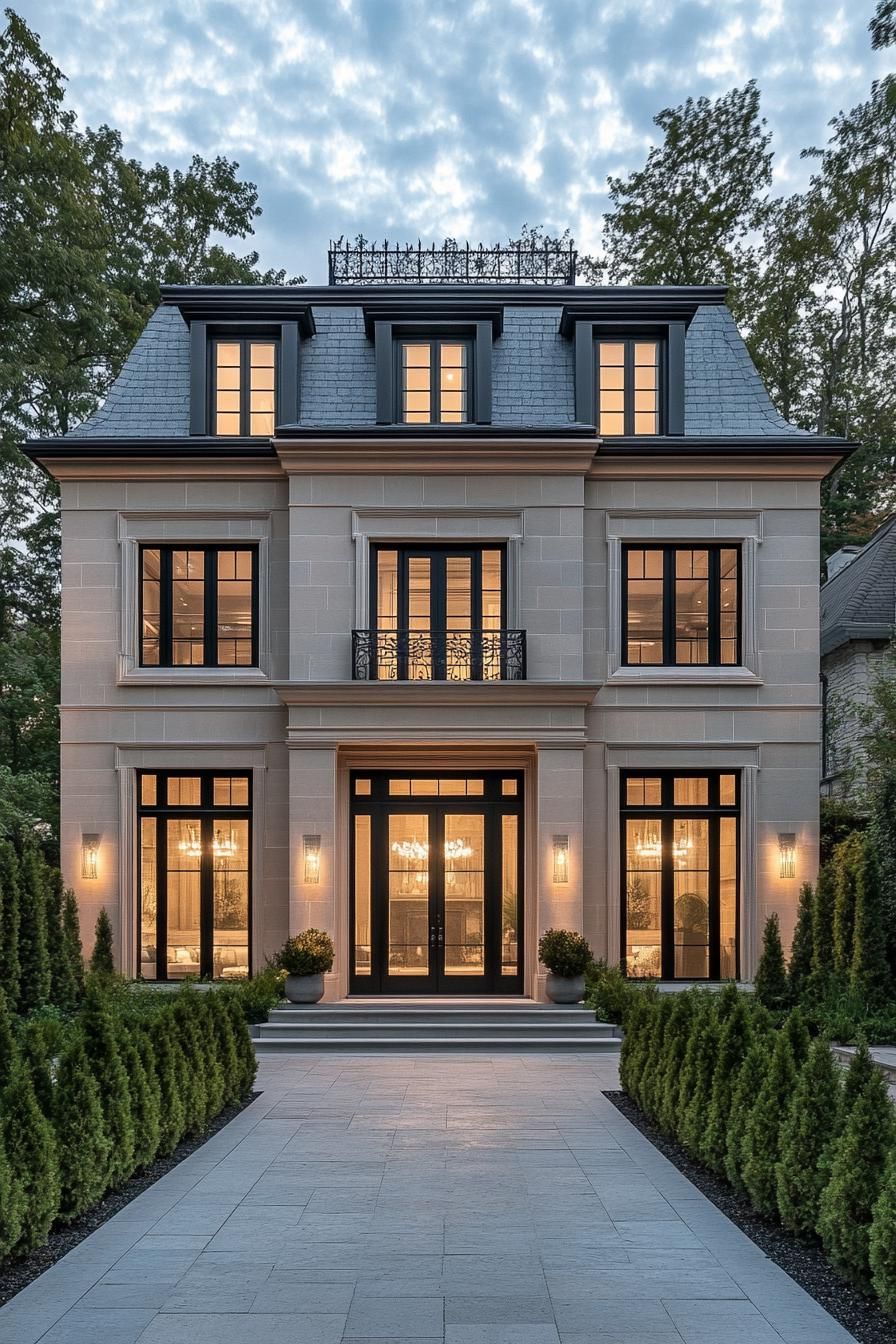 Elegant three-story mansion with illuminated windows