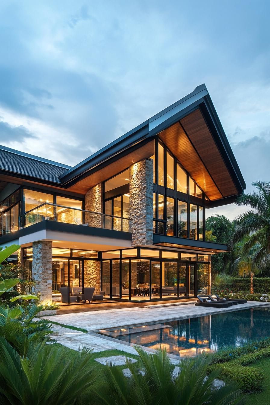 Modern house with large glass walls and stone accents