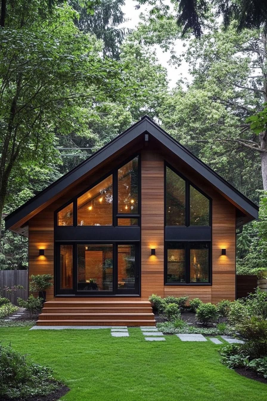 Modern A-frame house with large windows surrounded by greenery