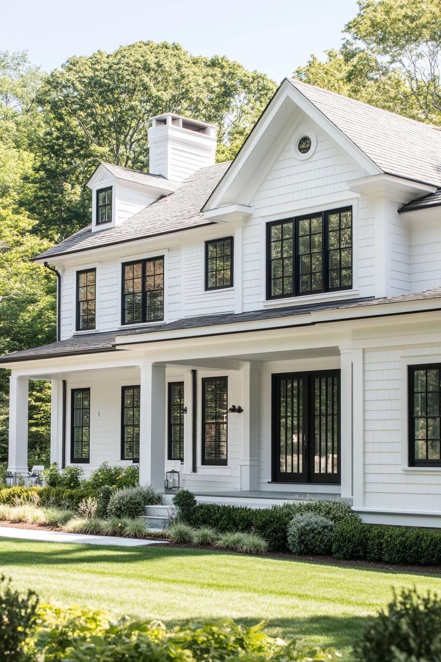 modern large white cottage house with white multi pitched roof with gables modern black windows white doors front yard with geometric shrub 3