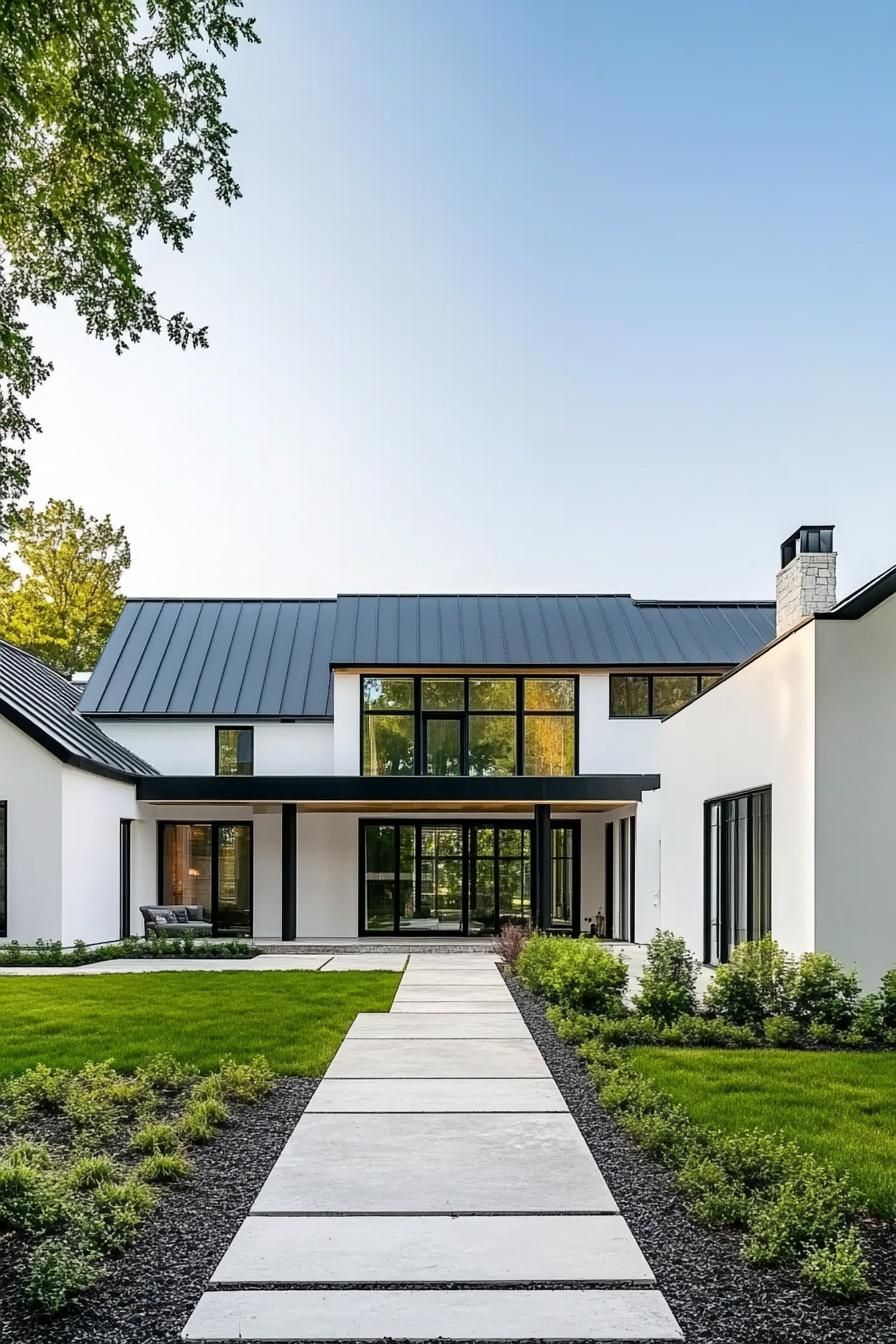 Sleek white house with a black roof and glass facade