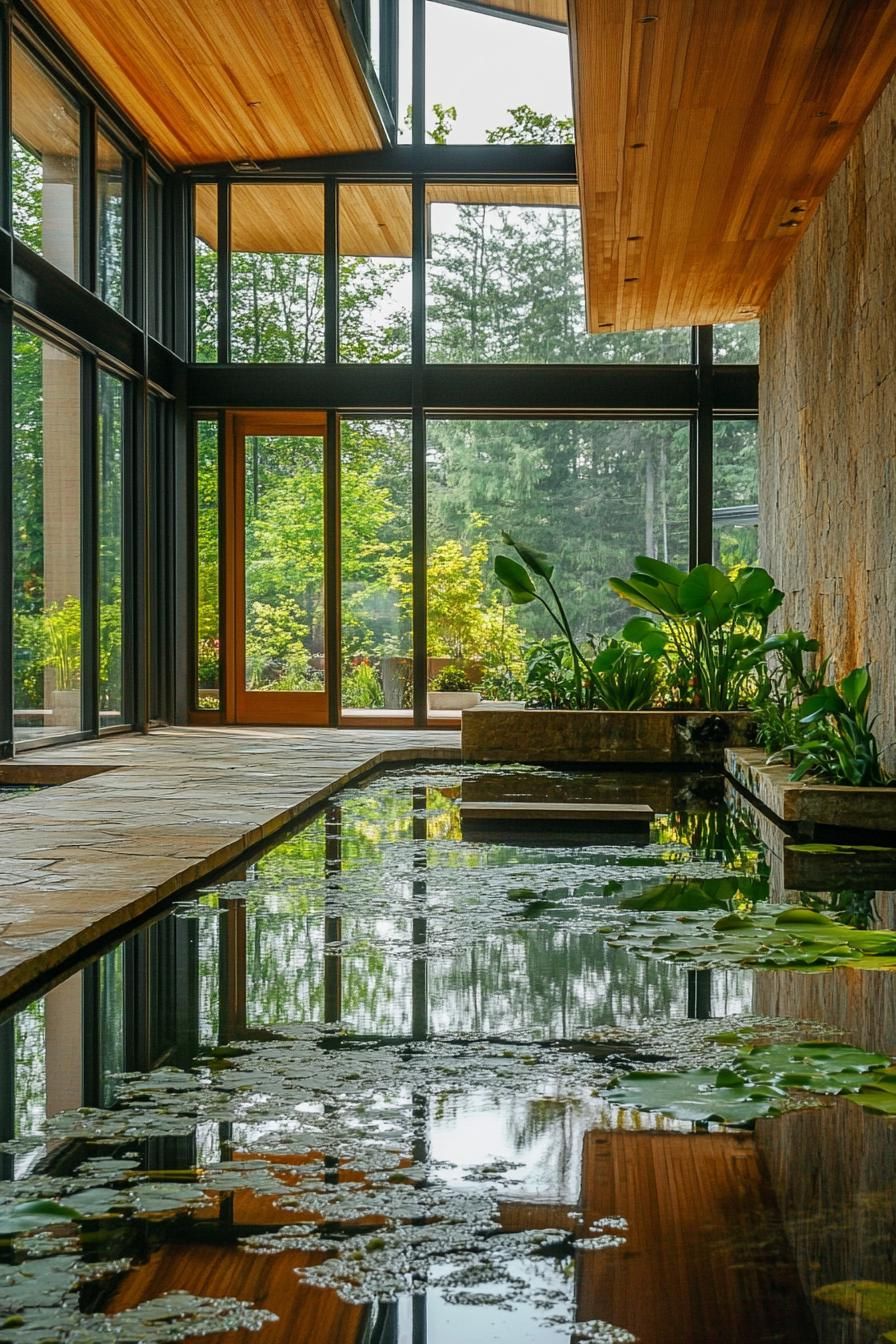 Indoor pond with lush plants and large windows