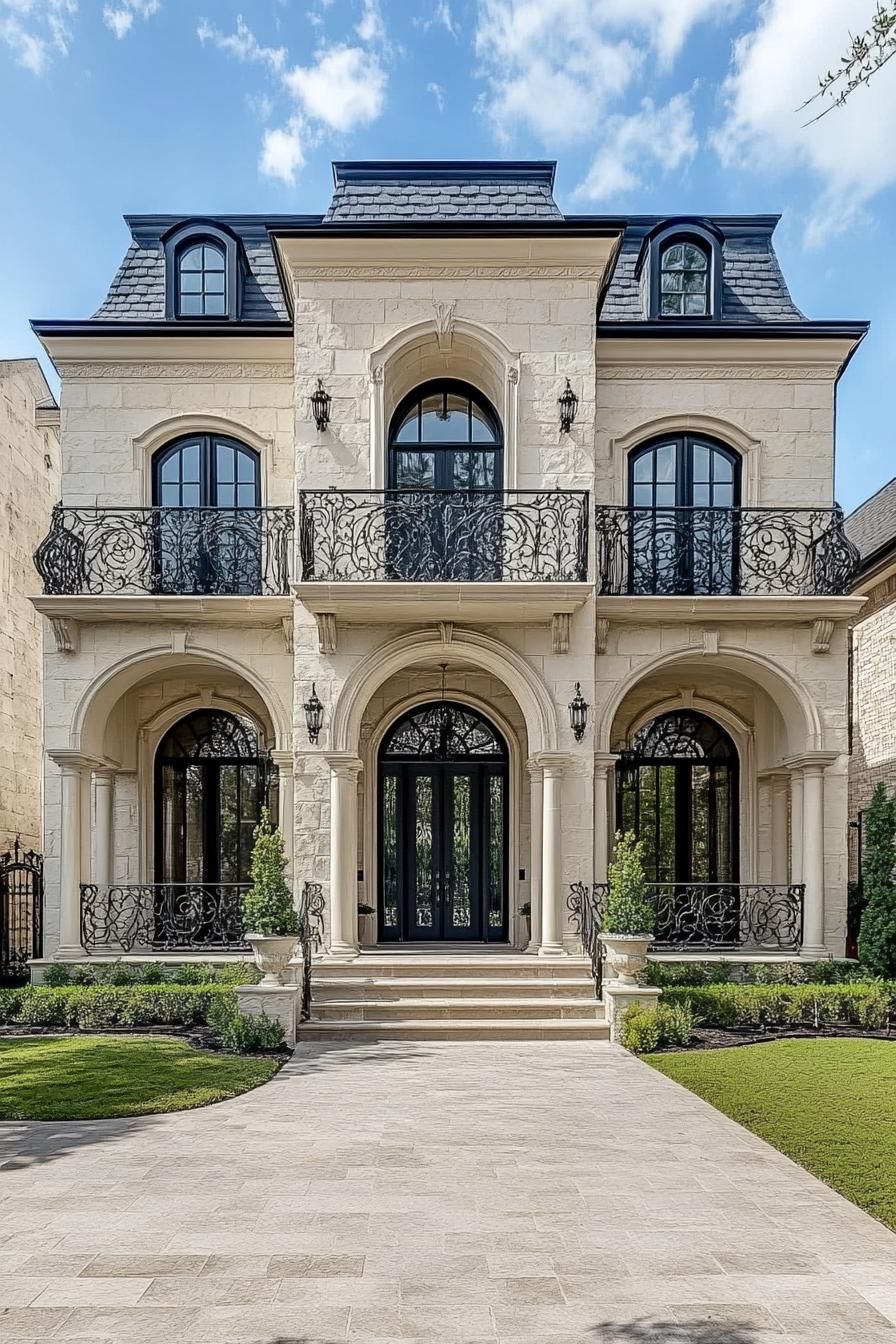 Elegant three-story mansion with ornate iron balconies