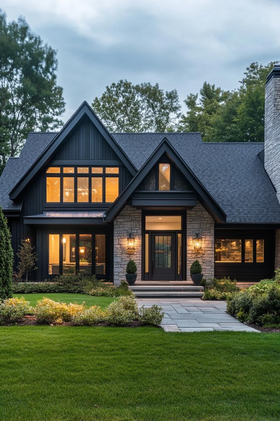 Gabled house with stone facade glowing warmly