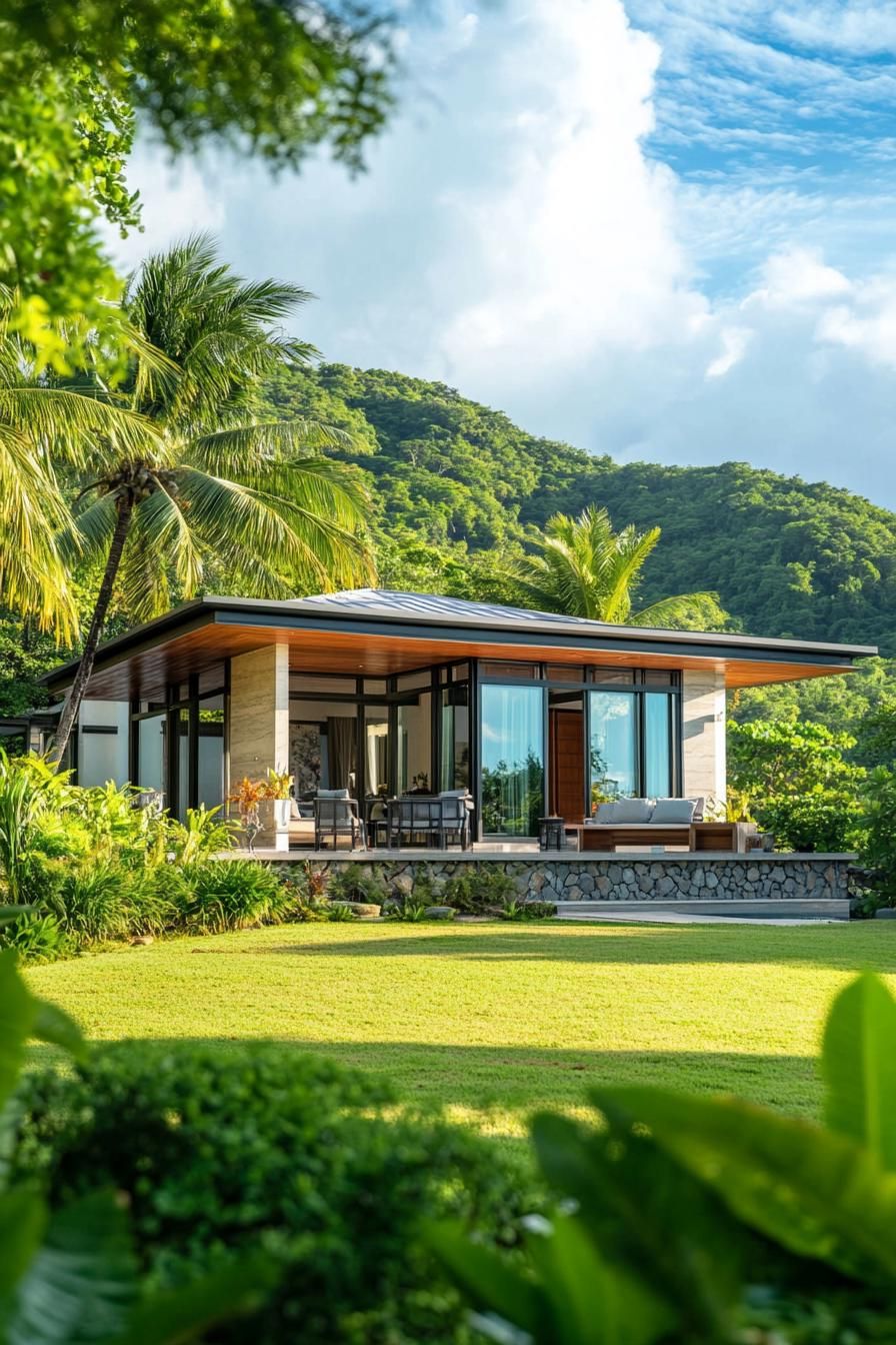 Modern tropical villa with large windows, surrounded by lush greenery