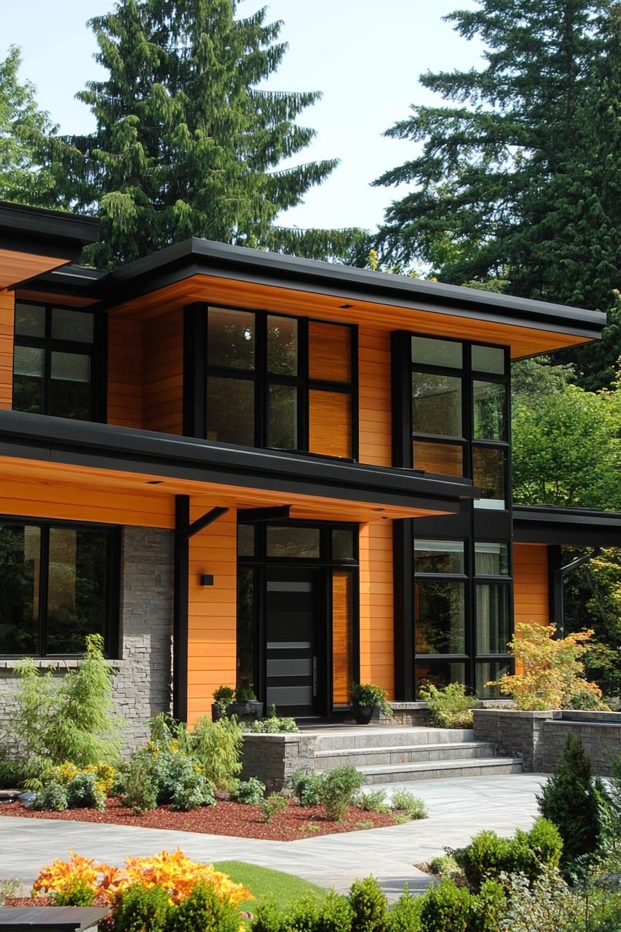 Modern wood facade amidst lush green garden