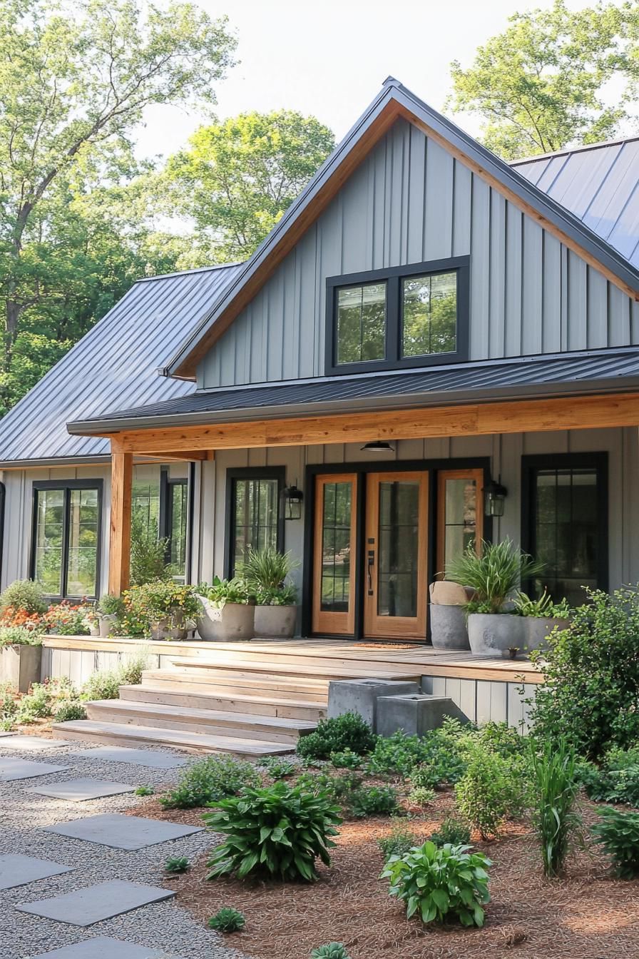 Modern barn house with a welcoming porch and lush greenery