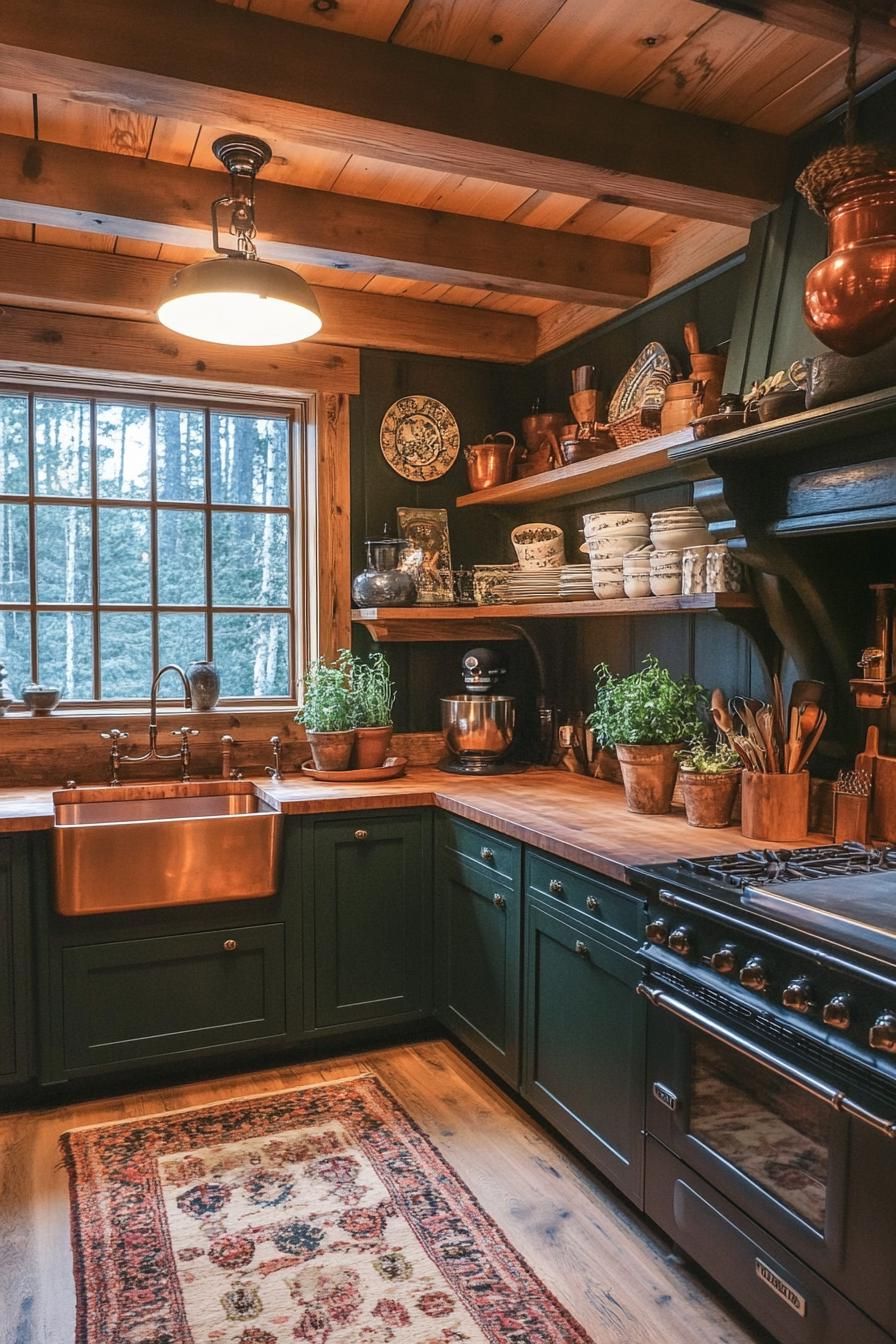 Cozy kitchen with green cabinets and copper accents