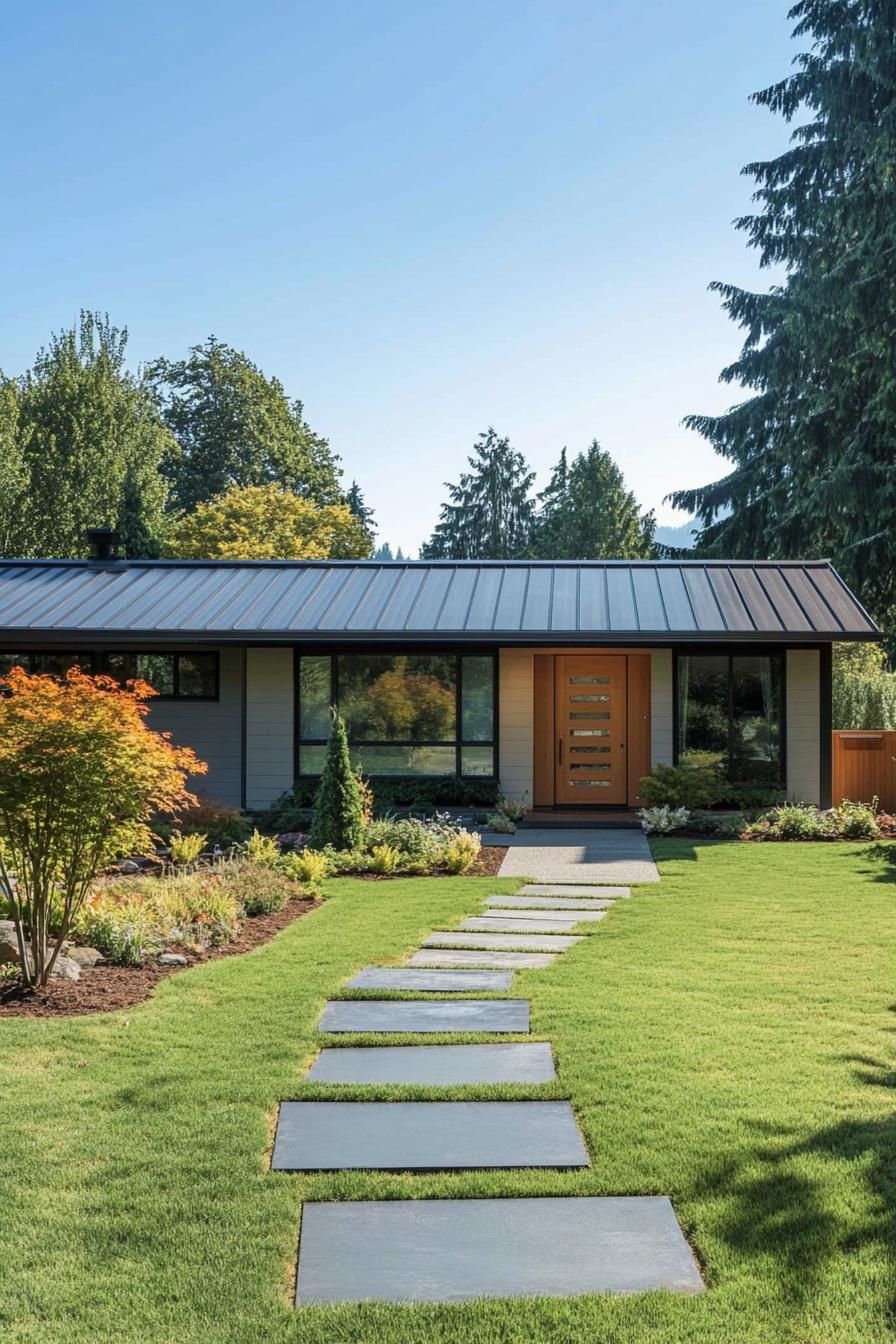 Ranch-style home with lush garden and stone path