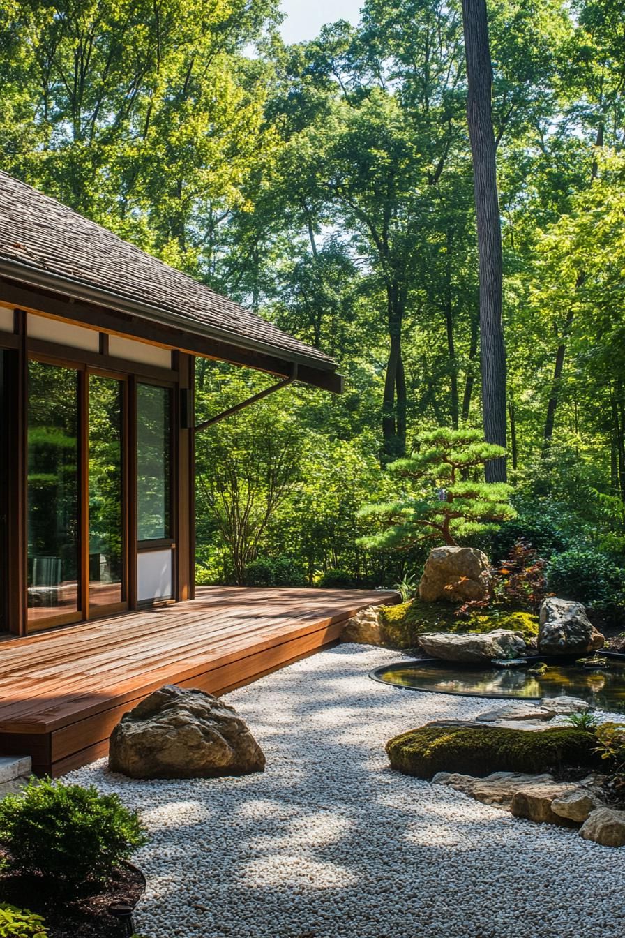 Japanese courtyard with pond and wooden deck