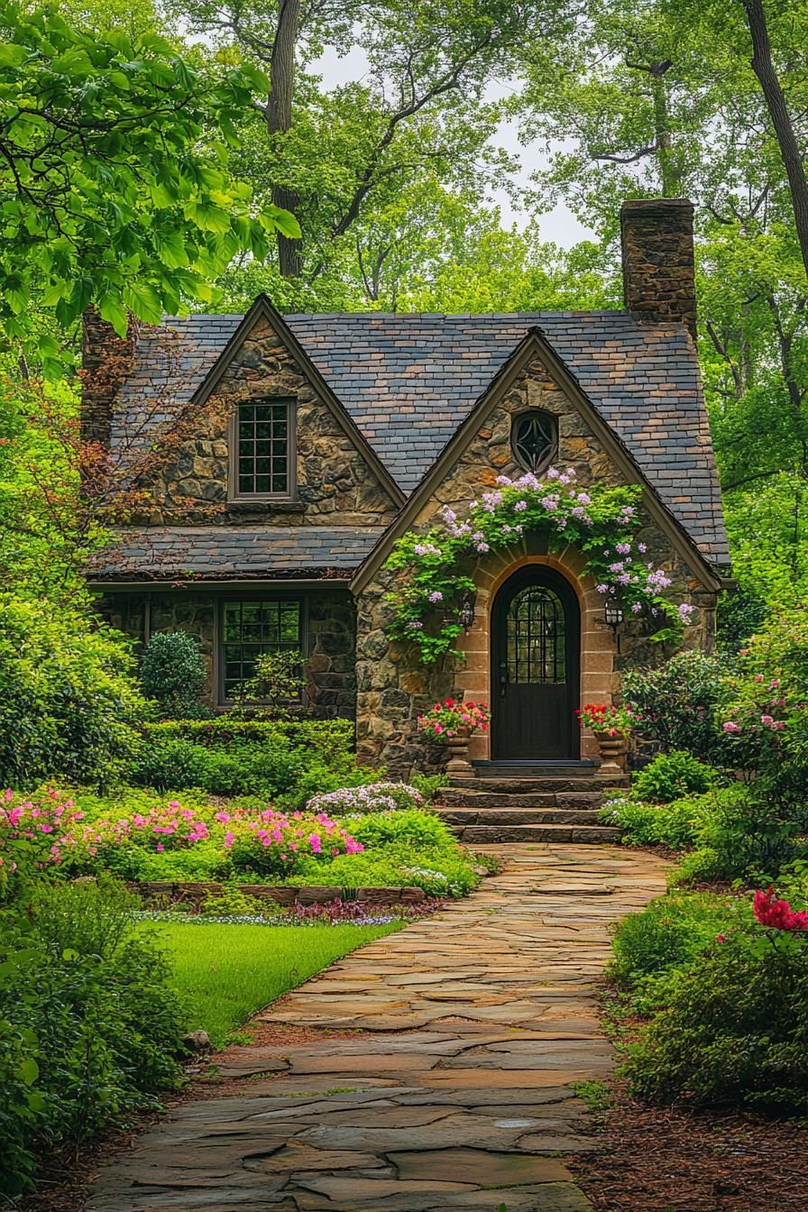 countryside English stone cottage with gables arched doorway front facade with flower vines lush garden with hardscape and stone path surrounded