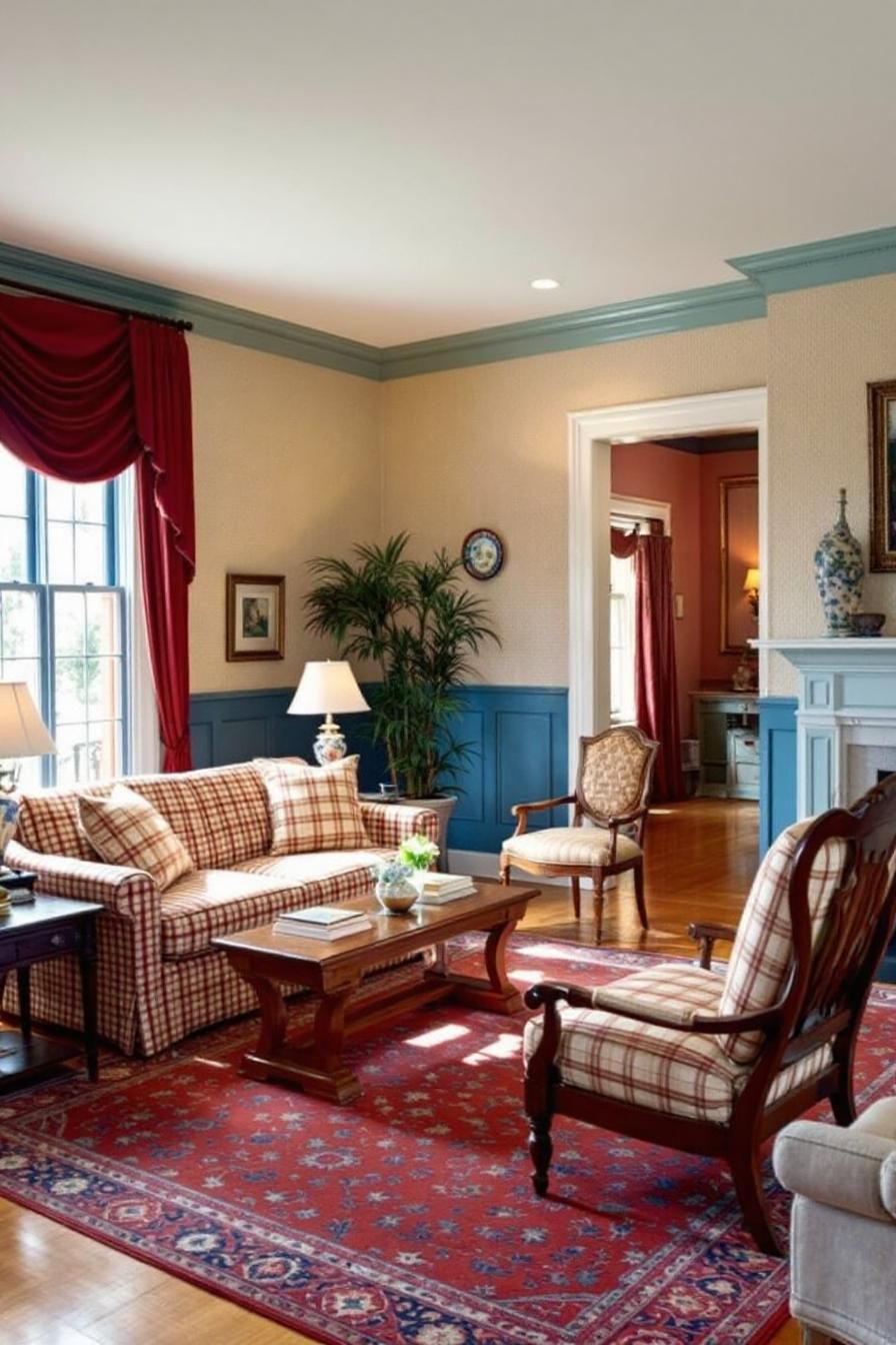 Colonial living room with plaid furniture and a red rug