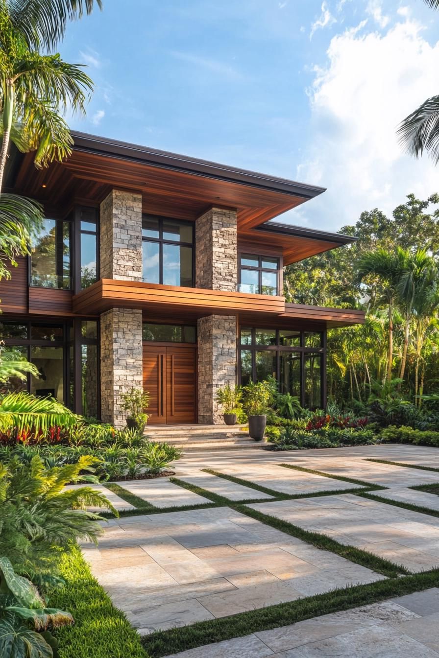 Tropical house with wood and stone facade surrounded by lush greenery