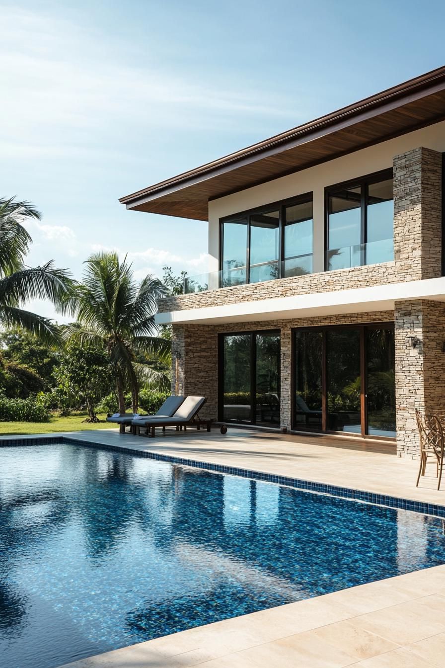 Modern tropical villa with stone façade and pool