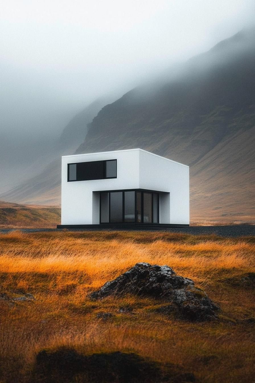 Flat roof house in a misty landscape with golden grass